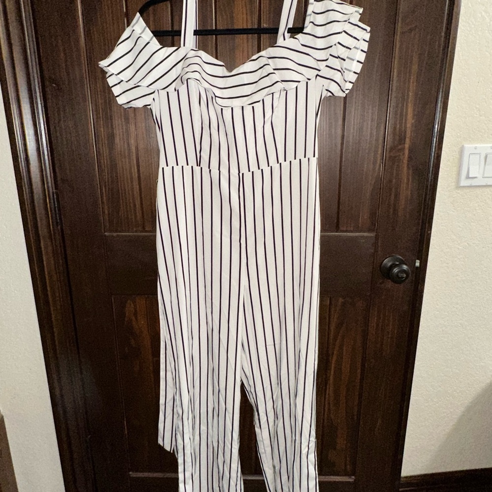 FAVLUX Black and White Pinstripe Off-Shoulder Jumpsuit